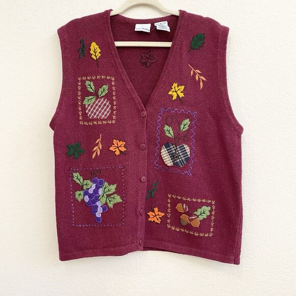 Bobbie Brooks Womens Fall Leaves V Neck Maroon Tight Knit Vest Size XL - Picture 1 of 11